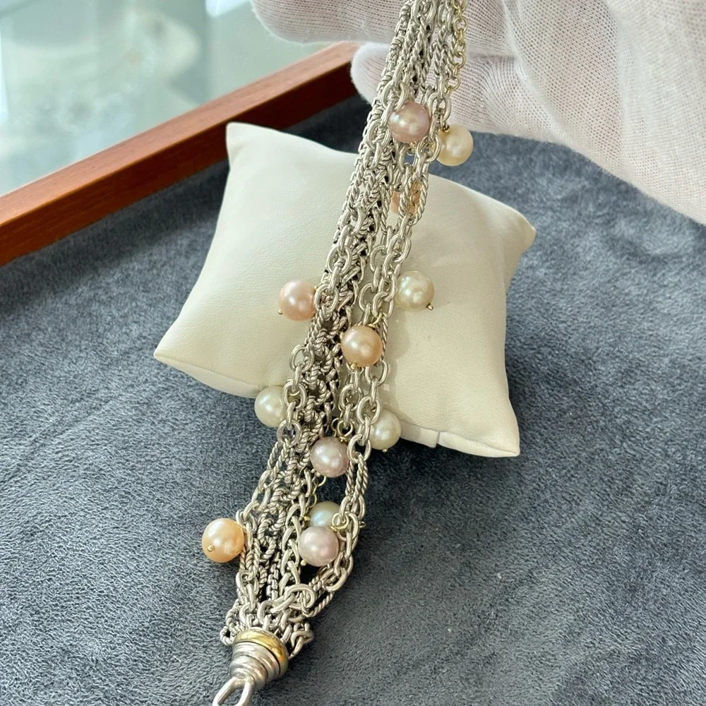David Yurman 925 & 18k Gold Multi-Strand Pearl Bracelet 7" - Picture 9 of 9